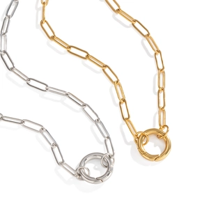 18K gold and silver stainless steel chain necklace with oval links and spring clasp