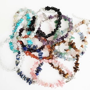 Collection of colorful irregular natural stone chip bracelets with silver lobster clasps