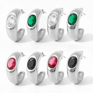 Polished stainless steel C-shaped hoop earrings with oval crystals in multiple colors