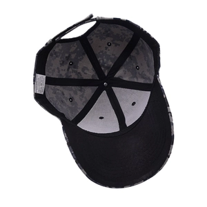 Digital camouflage baseball cap showing internal six-panel structure and 65/35 cotton blend