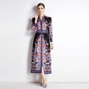 Robe Maxi Imprimé Paisley Vintage Manches Longues Col Montant Simple Boutonnage Taille Ajustée Élégant Bohème Mode Femme