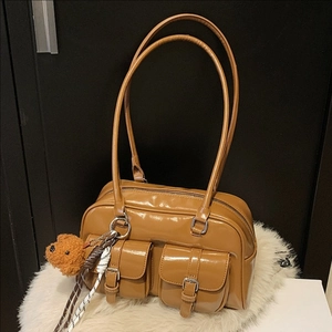 Vintage camel glossy leather pillow shoulder bag with double pockets and bear charm