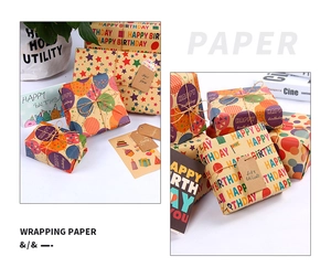 Detail of kraft paper with colorful stars, balloons and Happy Birthday text prints