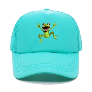 Detailed view of breathable mesh texture and cartoon frog print on trucker cap