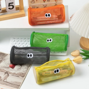 Cartoon Googly Eyes Pencil Case Nylon Mesh Cylindrical Portable Cute Stationery Storage Bag Organizer Office School