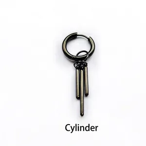 Detail of titanium steel clip-on earring with three polished black round bar pendants