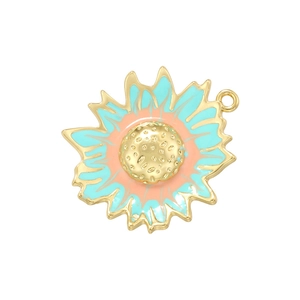 Detailed close-up of a sunflower pendant with turquoise and coral enamel and gold base
