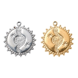Gold and silver stainless steel sunburst pendants with snake and star engraving