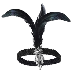 1920s vintage black feather headband with silver beads and rhinestone decor for parties