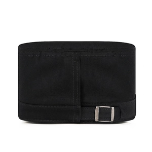 Black cotton flat top army cap with adjustable silver metal buckle on plain white background