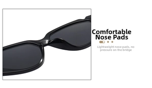 Close-up of comfortable integrated nose pads on black cat-eye sunglasses frames