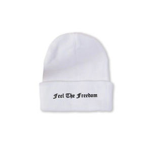 Detail of Feel The Freedom black gothic embroidery on white ribbed knit beanie hat