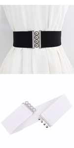 Detail of high-elastic wide corset belt with silver interlocking metal buckle and studs