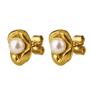 Elegant gold lava metal stud earrings with round white pearl in a minimalist retro style