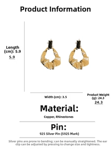 Macro view of gold wrinkled metal drop earrings with black rhinestone and S925 silver pin
