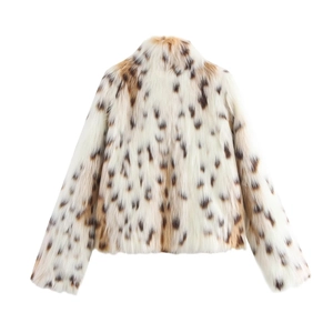 Close-up of fluffy leopard print faux fur texture and long sleeves on a winter jacket