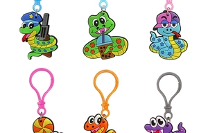 Detail showing a colorful collection of creative PVC snake keychains in various designs