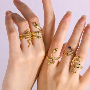 French style 18K gold snake ring with blue zircon, adjustable open wrap design