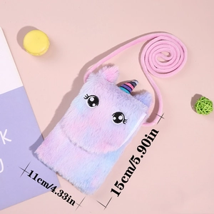 Plush unicorn crossbody bag for kids with purple gradient fur and 3D ears and horn