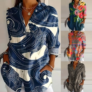Women Long Sleeve Blouse Polyester Spandex Printed Button Down Shirt Loose Casual Holiday Lapel Top For Women