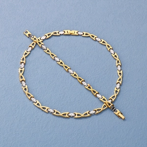 Close-up of interlocking gold and silver metal chain links with a secure folding clasp