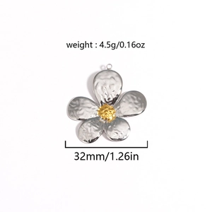 Detailed view of 32mm silver flower pendant with gold core and hammered texture