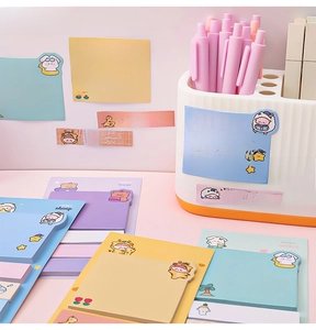 Detailed set of cute cartoon animal sticky notes with pastel pen and pencil holder