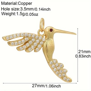 Detailed hummingbird pendant dimensions in 18K gold plated copper with zircon accents