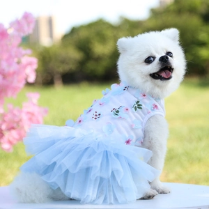 Close-up of light blue mesh pet dress with 3D floral petals and white floral pattern