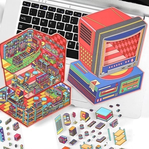 Retro computer-themed pop art paper puzzle scene with colorful 3D miniature stickers