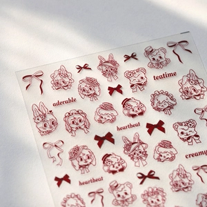 Vintage red hand-drawn pet nail stickers with cute bear and bowknot patterns