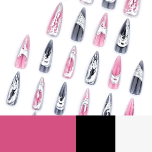 Long almond press-on nails with magenta black gradient and silver 3D metallic texture