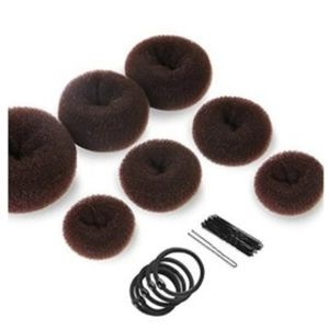 Hair styling tool set with brown donut bun makers, elastic bands and U-shaped hair pins