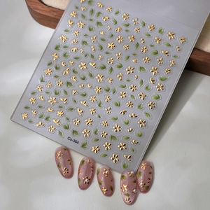 3D gold flower and green leaf nail art stickers with Co-364 code and sample tips