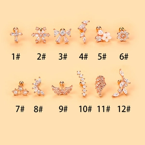 Micro-set zircon stud earrings with cross and wing designs in rose gold plating