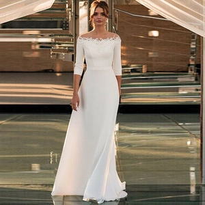 Elegant Off The Shoulder Wedding Dress Ivory Satin Lace Applique Three Quarter Sleeves Slim Fit Small Train Bridal Gown