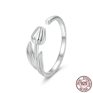 Romantic tulip flower ring in S925 sterling silver with adjustable open band design