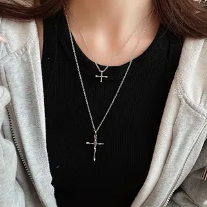 Double Layer Cross Pendant Necklace Alloy Melted Lava Texture Silver Tone Minimalist Gothic Fashion Jewelry Women