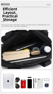Macro shot of large capacity interior compartments for tablet and travel essentials
