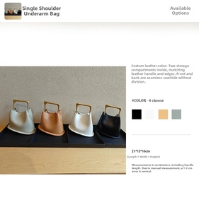 Detail of four leather bucket bags with gold metal handles and double compartments