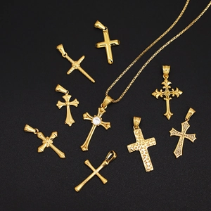 Stainless Steel Cross Pendant 18K Gold Plated Rhinestone DIY Necklace Charm Retro Fashion Jewelry Accessory