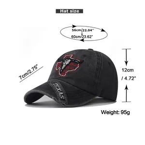 Size chart for washed cotton baseball cap with Texas bull embroidery and measurements