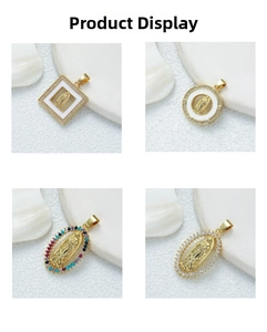 Detailed view of four Virgin Mary pendants with colorful zircons and gold plating