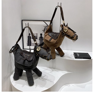 Unique horse-shaped canvas shoulder bags in grey and brown with PU leather details