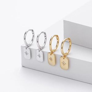 S925 sterling silver hoop earrings with gold and silver north star rectangular pendants
