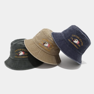 Vintage washed cotton bucket hats with US Marines 250th anniversary embroidery detail