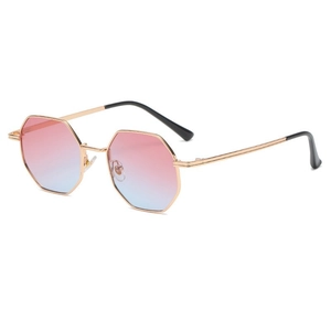 Detailed side view of octagonal gold metal frame sunglasses with gradient lenses