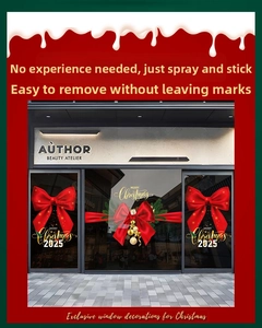 Detail of Christmas window sticker with red bows, pine branches, and Merry Christmas text