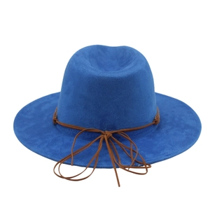 Royal blue fedora hat with wide brim and decorative brown rope band detail