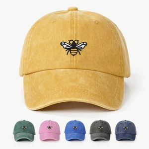 Vintage Washed Baseball Cap With Bee Embroidery Adjustable Peaked Hat For Sun Protection Outdoor Casual